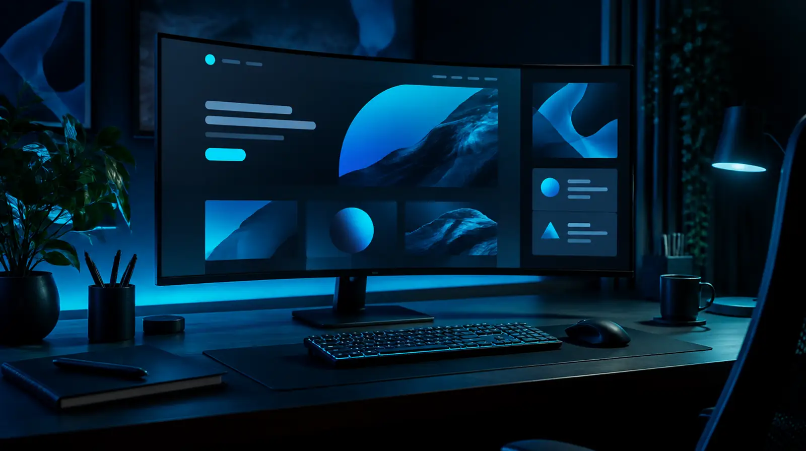 Arbeitsplatz für Webdesign mit großem Monitor und Website-Layout