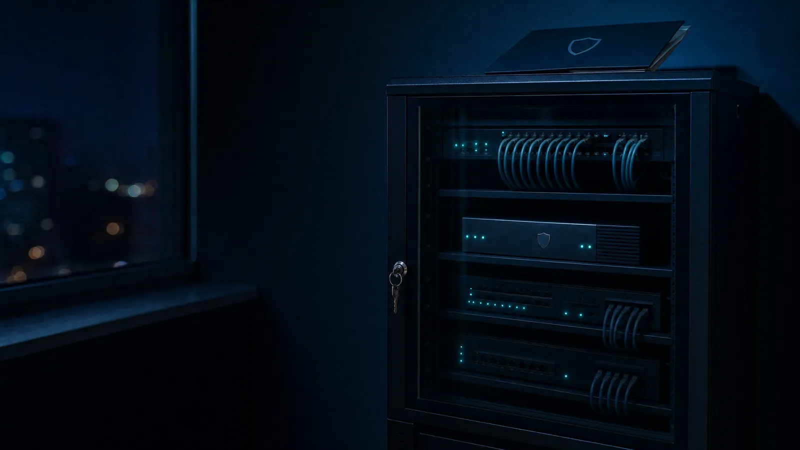 Serverschrank mit leuchtenden Status-LEDs in einem modernen IT-Raum