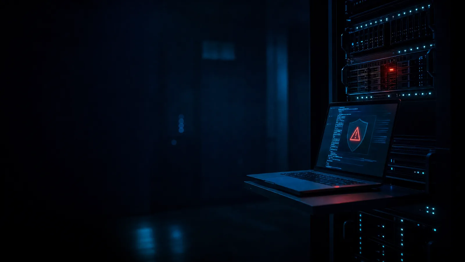 Webserver im Serverraum mit roter Warnleuchte, daneben ein Laptop mit Warnsymbol