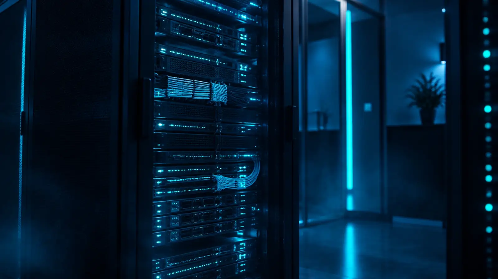 Serverschrank mit leuchtenden Status-LEDs in einem modernen IT-Raum