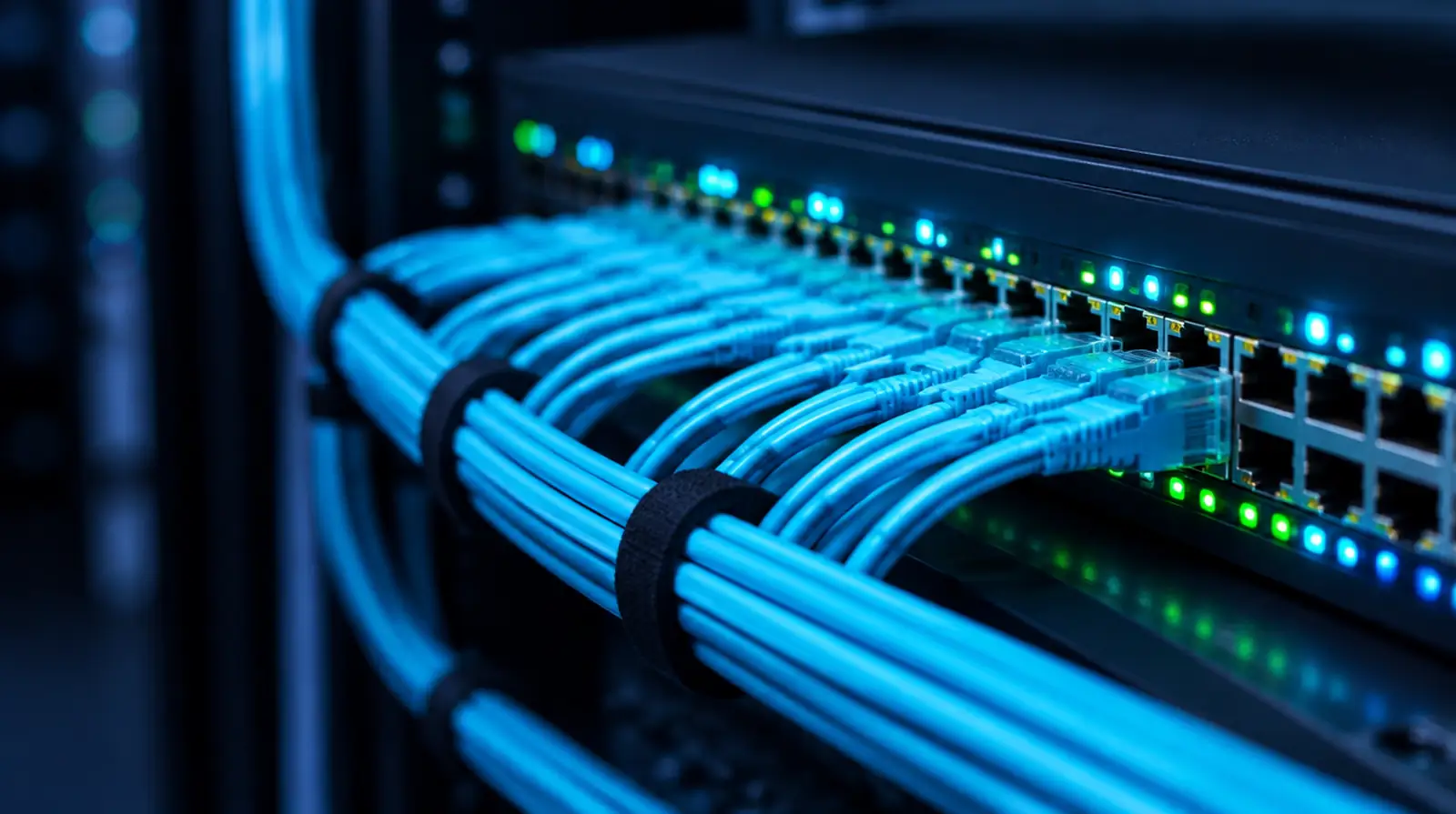 Netzwerk-Switch mit sauber gepatchten Netzwerkkabeln